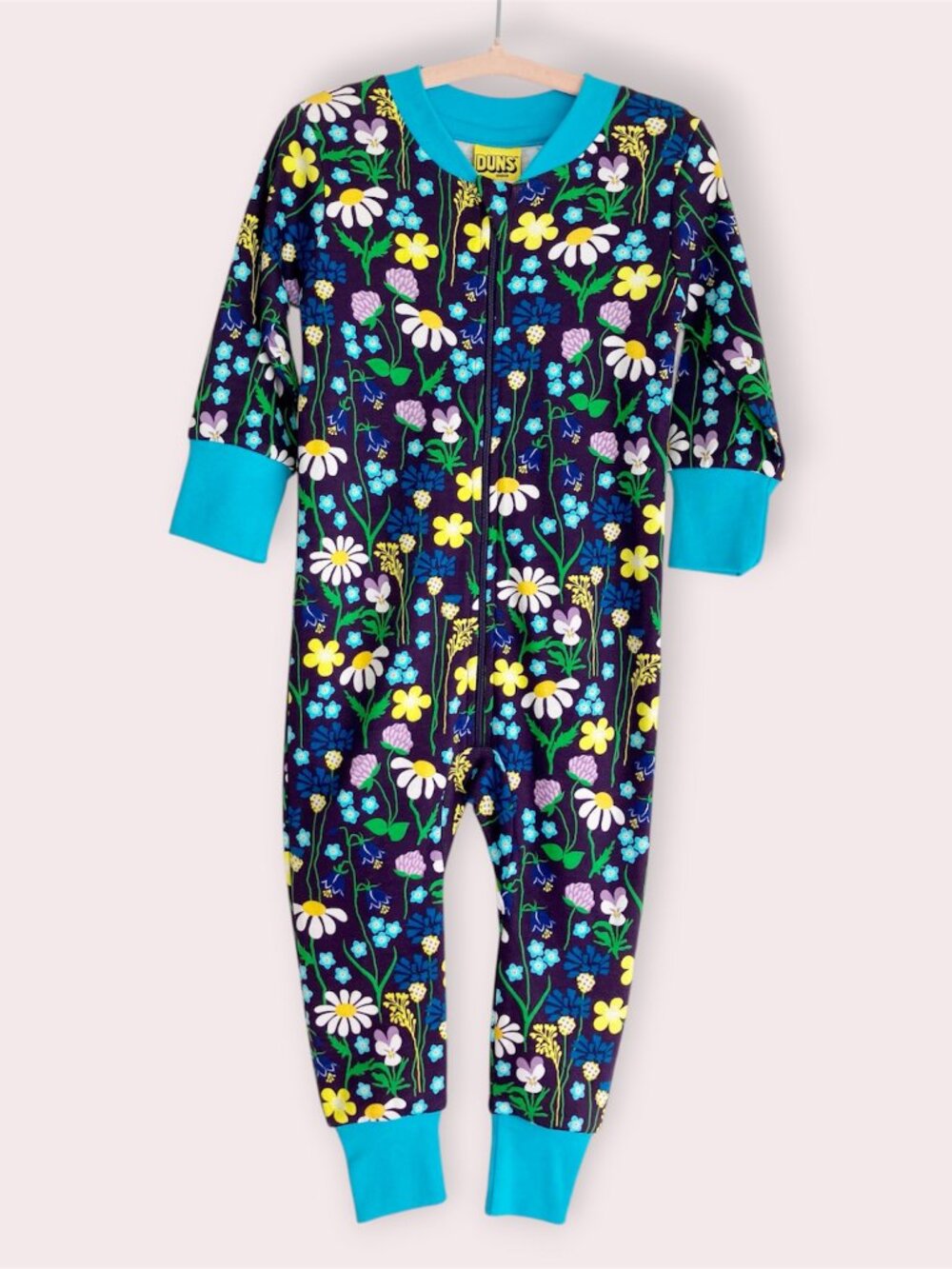 NWT DUNS Sweden zip suit romper floral organic cotton turquoise trim 9-12 months